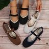 Fashion Four Seasons Women's Shoes Simple Fabric Flat Shoe Buckle Strap Square Toe Shallow Mouth Knitted Fabric Women's Casual Shoes