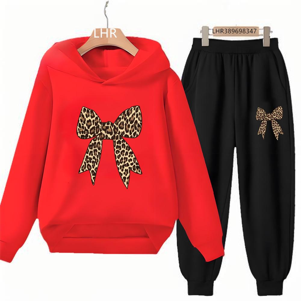 Leopard Print Bow Children's Hoodies Suit Suitable Age 3-12 Girls Coat Toddler Long Sleeves Leisure Print Autumn Clothing