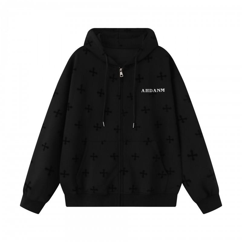 Unisex Oversized Hoodie With Cross Letter Embroidery Print Cotton Long Sleeve Zip-Up Sweatshirt