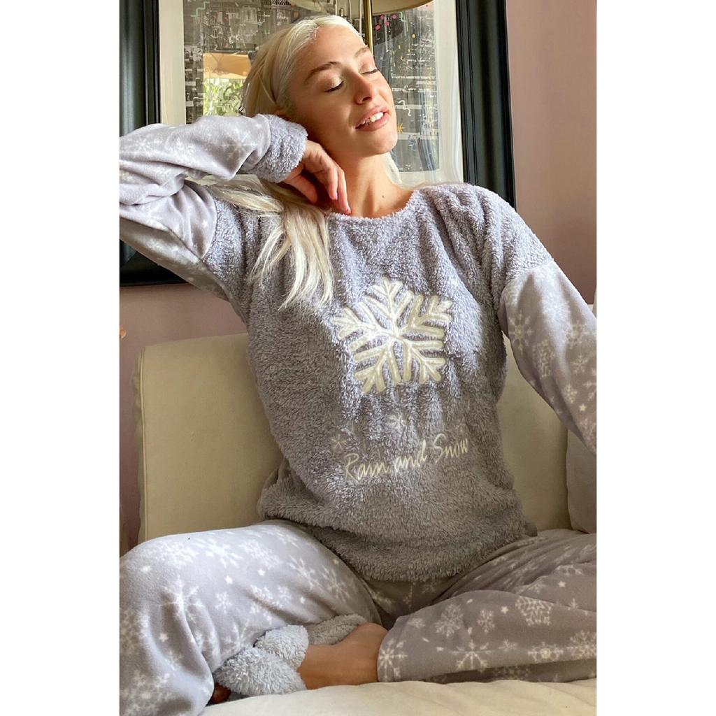 Женский плюшевый пижамный комплект с рисунком снежинок и пудры