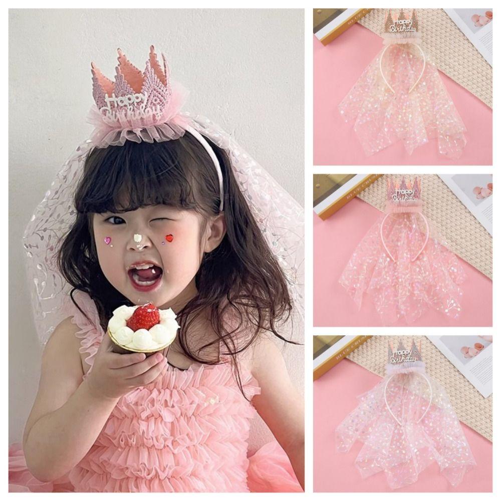 Аксессуары для волос с днем ​​рождения, повязка для волос, головной убор, повязка с короной, милый кружевной сетчатый обруч для волос для девочек