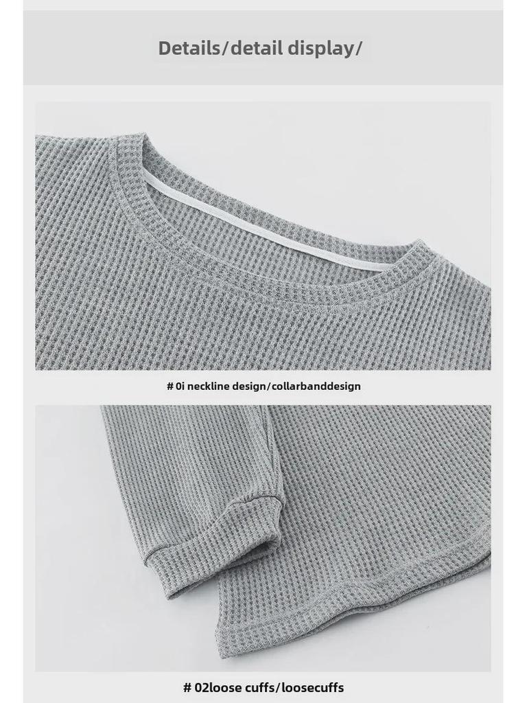 Мужская свободная вафельная пижама с рисунком из мультфильма - длинный рукав, чистый хлопок, большой размер