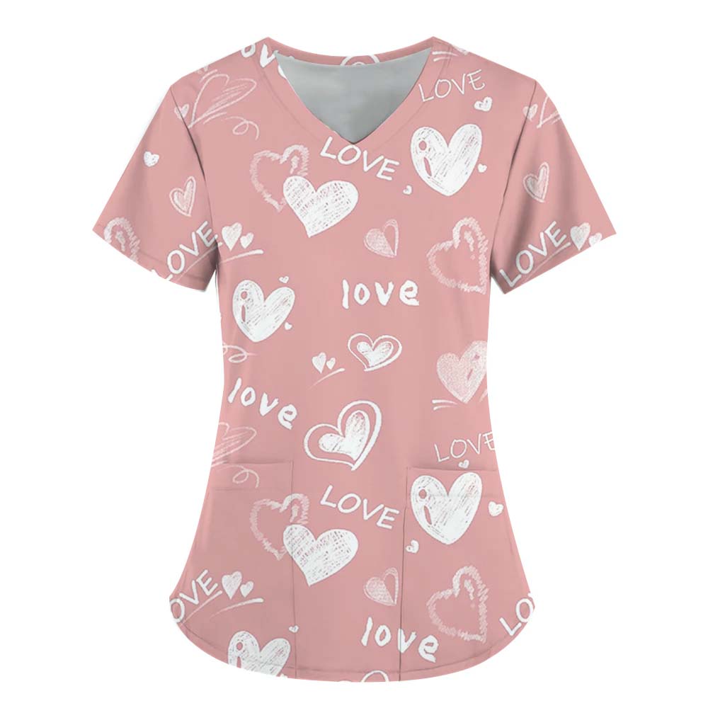 Women Working Uniform Smile Heart Print Cartoon Cat Dog Short Sleeve V-neck Tops Femme Blouse Nurse Work Wear Medical Uniforms