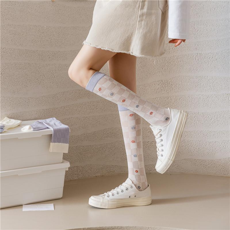 Spring And Summer Color Matching Plaid Flower Calf Socks Women'S Retro Mori College Style Knee Cotton Socks Japanese Jk