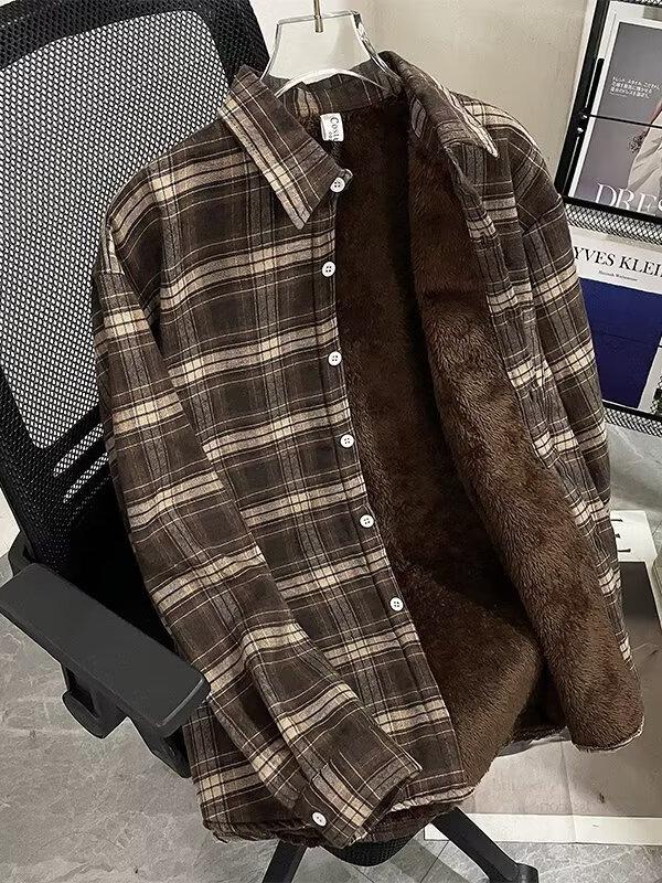 Мужская фланелевая рубашка на флисовой подкладке в клетку - Повседневная куртка в стиле ретро с длинным рукавом для осени/зимы