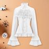Women Retro Top Steampunk Style Turtleneck Decor Lace Long Pure Color Bow Bell Sleeves Single-breasted Shirring Pleated Cosplay Performance