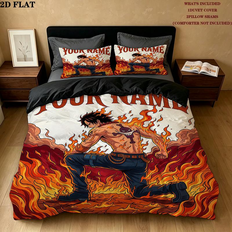 Custom Name,Portgas D. Ace Pattern Bedding Home Decoration Birthday Gift ( 1 duvet cover + 2 pillowcase, without core),fan merchandise.