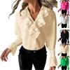 Women's Fashion Ruffle Long Sleeve V-Neck Loose Solid Color Shirt Blouse Tops