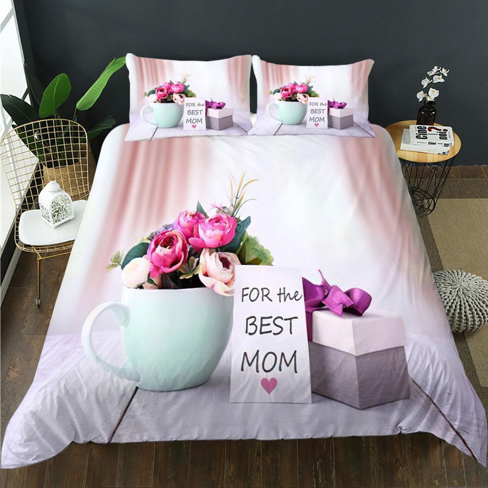 Mother's Day Duvet Cover Set Pink Rose Theme Thanksgiving Gift King Queen Size Polyester Comforter Cover For Mother Bedding Set
