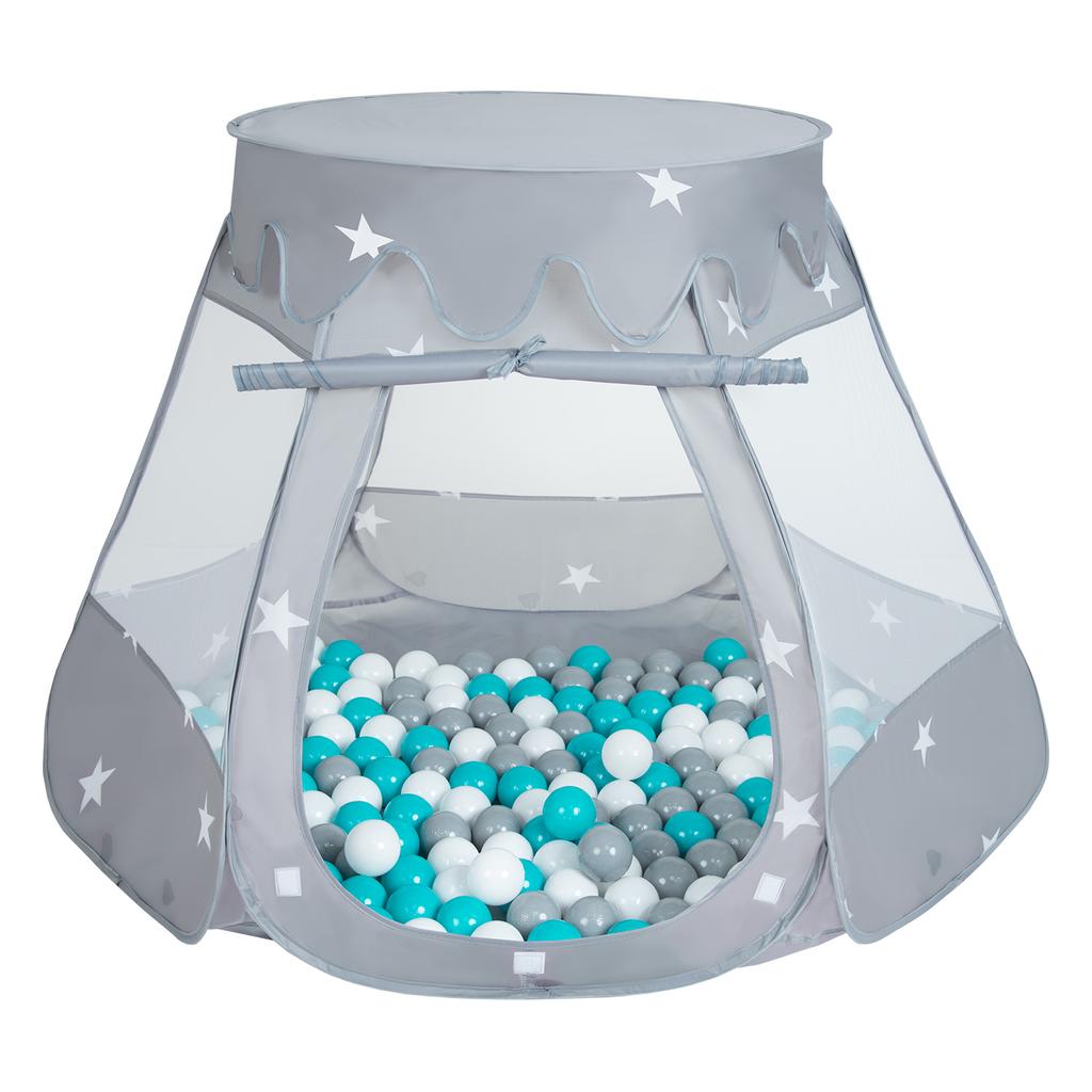 Selonis Play Tent 105x90cm/300 Balls Castle House Pop Up Ballpit Plastic Balls for Kids, Grey:grey-white-turquoise