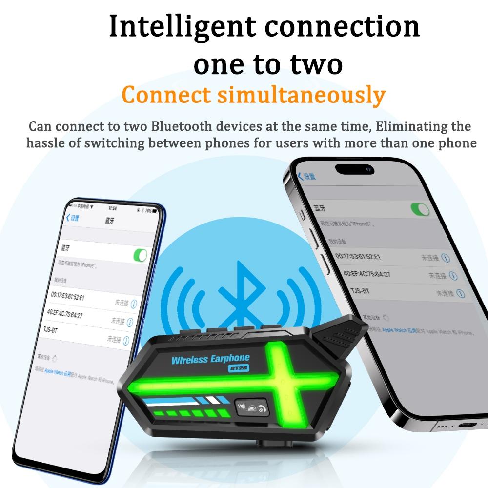 Светодиодная мотоциклетная гарнитура BT26 с интеллектуальной системой освещения, технологией ANC, аккумулятором на 25 ч, микрофоном 2-в-1 для всех шлемов, 500-метровой внутренней связью