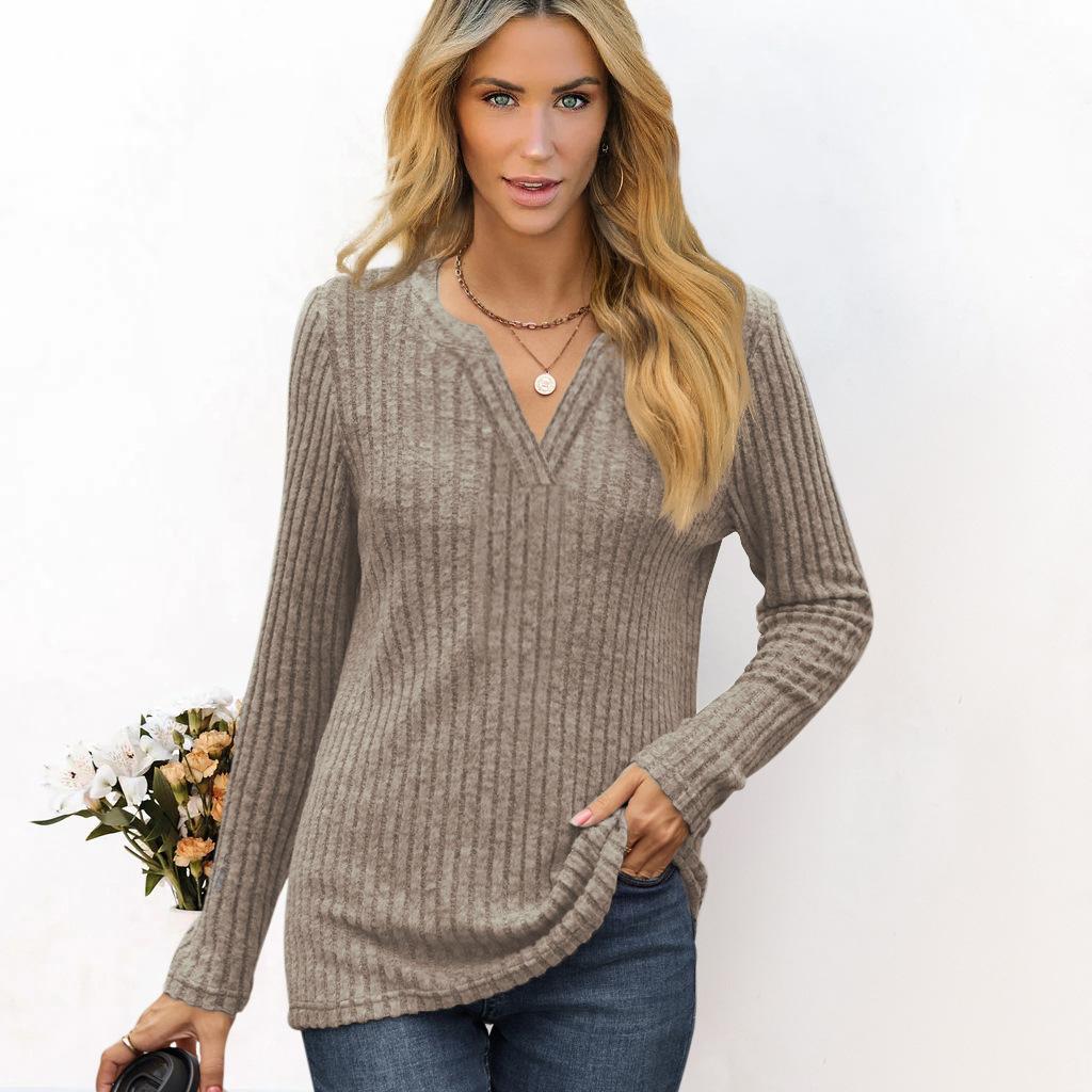 Осенне-зимний топ для женщин, однотонная свободная повседневная футболка с v-образным вырезом и длинным рукавом