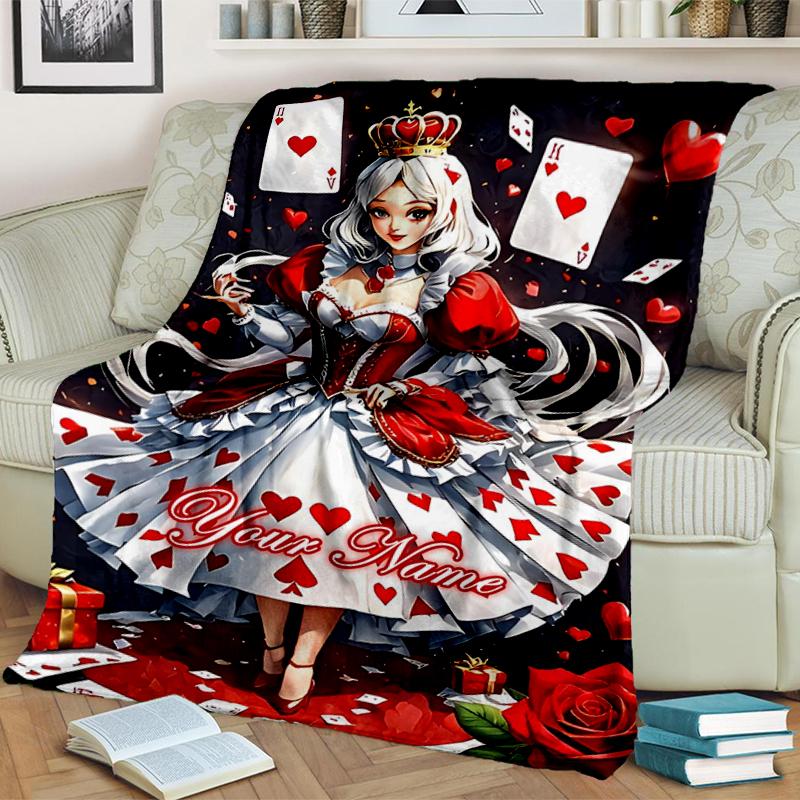 1PC Custom Name Queen Hearts Fantasy flannel blanket versatile,all-season throw suitable for the living room,bedroom,camping,travel,and gift