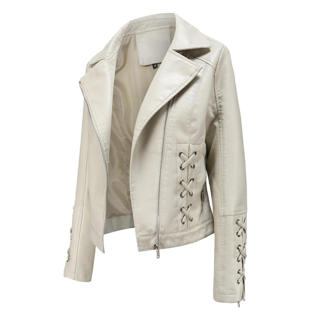 Women Turn Down Collar Long Sleeve Woven Lace Up Solid Color Leather Pu Jacket S-4XL