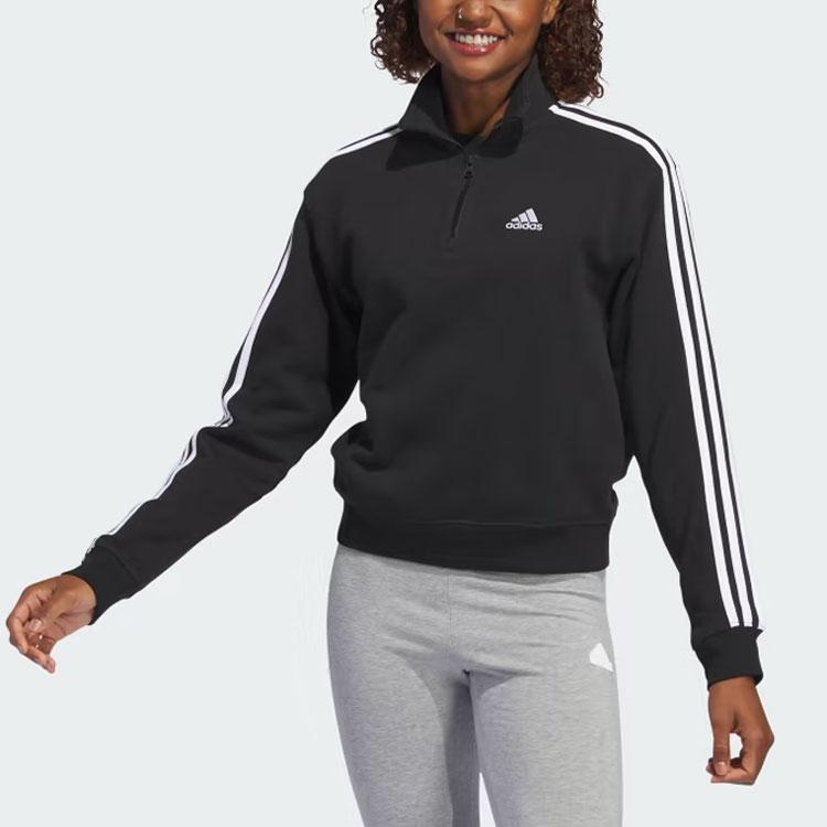 adidas Женская толстовка Essentials с тремя полосками и застежкой-молнией на четверть длины, черная IC8780