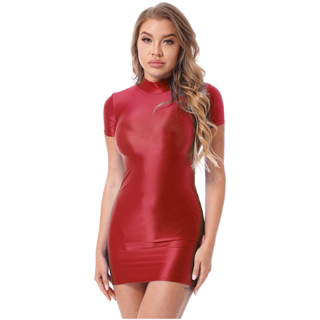 Womens Bodycon Mini Dress Glossy Fabric Mock Neck Short Sleeve Clubwear