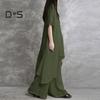 2Pcs/Set Cotton Linen Tops Pants Set O-neck Half Sleeve Irregular Hem Tops High Waist Long Pants Set Solid Color Casual Outfit