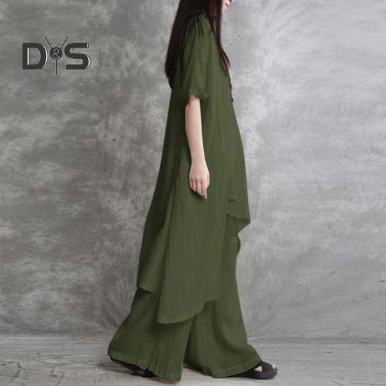 2Pcs/Set Cotton Linen Tops Pants Set O-neck Half Sleeve Irregular Hem Tops High Waist Long Pants Set Solid Color Casual Outfit