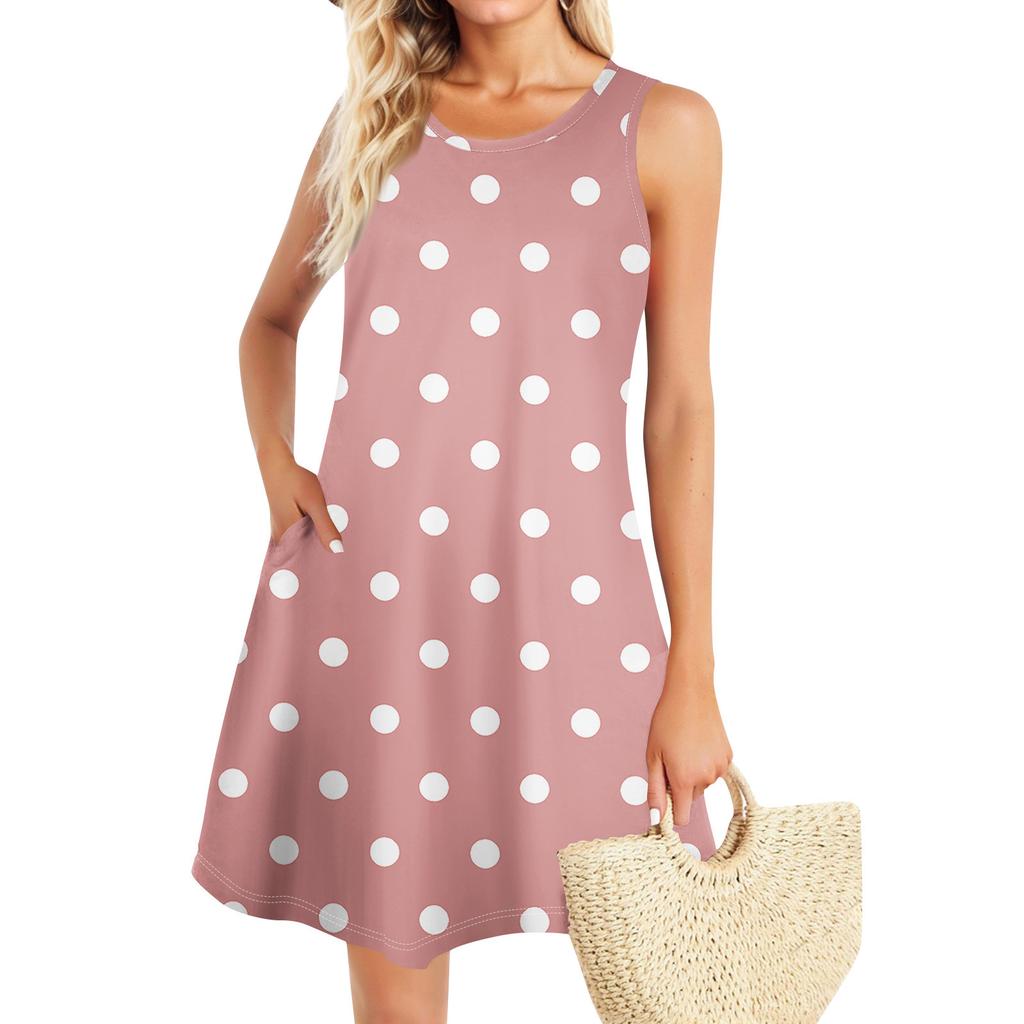 Summer Dresses For Women Beach Boho Sleeveless Vintage Printing Flowy Pocket Tshirt Tank Sundresses