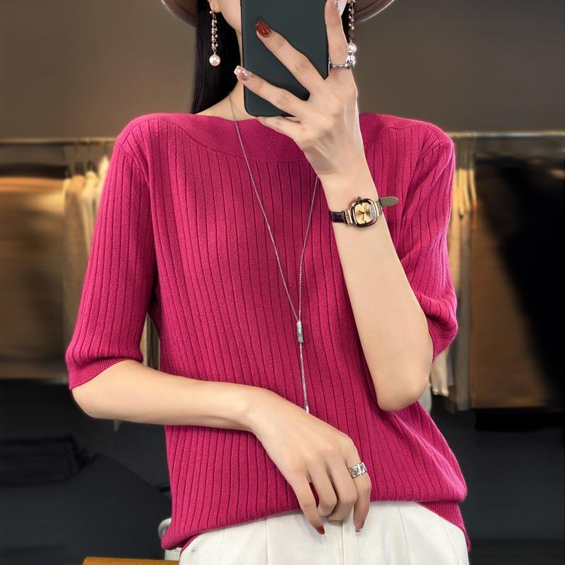 Вязаный свитер с рукавом пять четвертей для женщин, однотонный свободный свитер, повседневная базовая рубашка во французском стиле, свитер со средним рукавом на осень