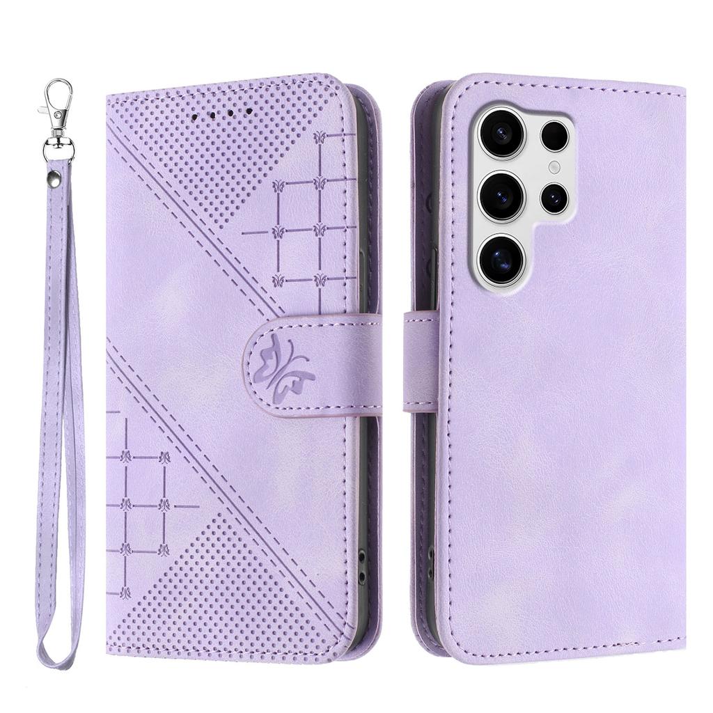 For Samsung Galaxy S25 Ultra Leather Wallet Case Butterfly Flower Imprinted Phone Cover with Strap