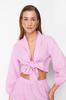 Women's Fashion New Blouse Pink Crop Woven Tie Up Blouse