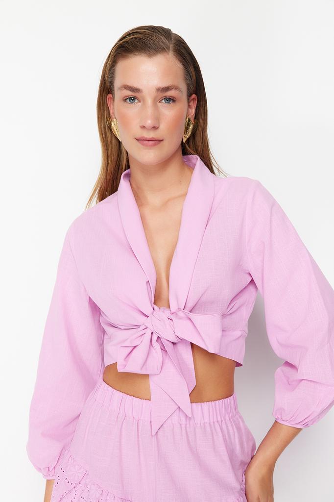 Women's Fashion New Blouse Pink Crop Woven Tie Up Blouse