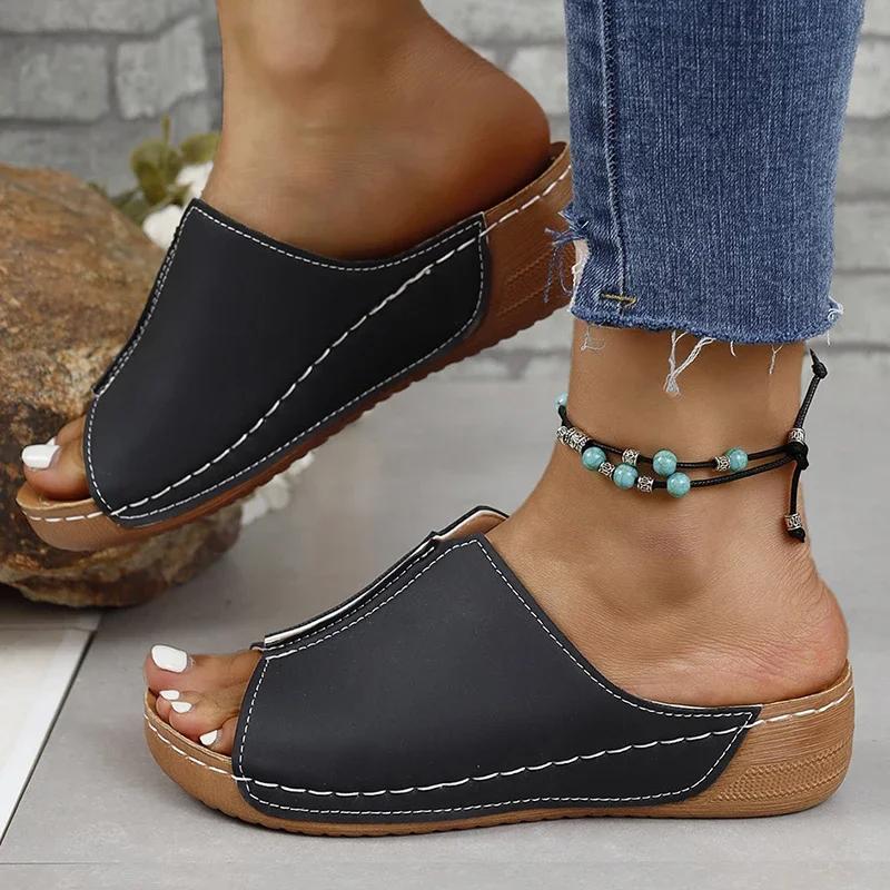 Fashion 2024 Summer Fashion Comfortable Mid-heel Casual Wedge Slip-up Women's Slippers