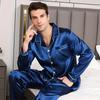2PCS/Set Long-Sleeved Pyjamas Men Spring and Autumn Silk Sleepwear Homewear Cardigan Lapel Trousers Nightwear
