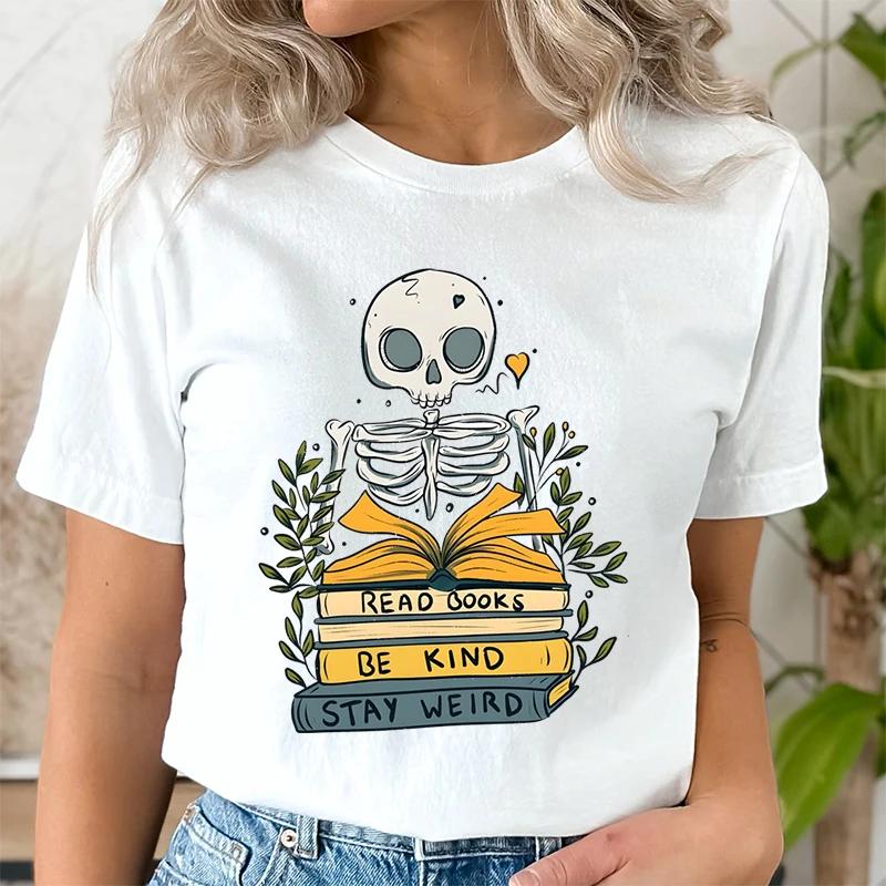 Читать Книги De Kind Оставайся Странным Футболки Женские Ретро Череп Скелет Футболка С Коротким Рукавом С Круглым Вырезом Книжный Червь Книголюб Футболка