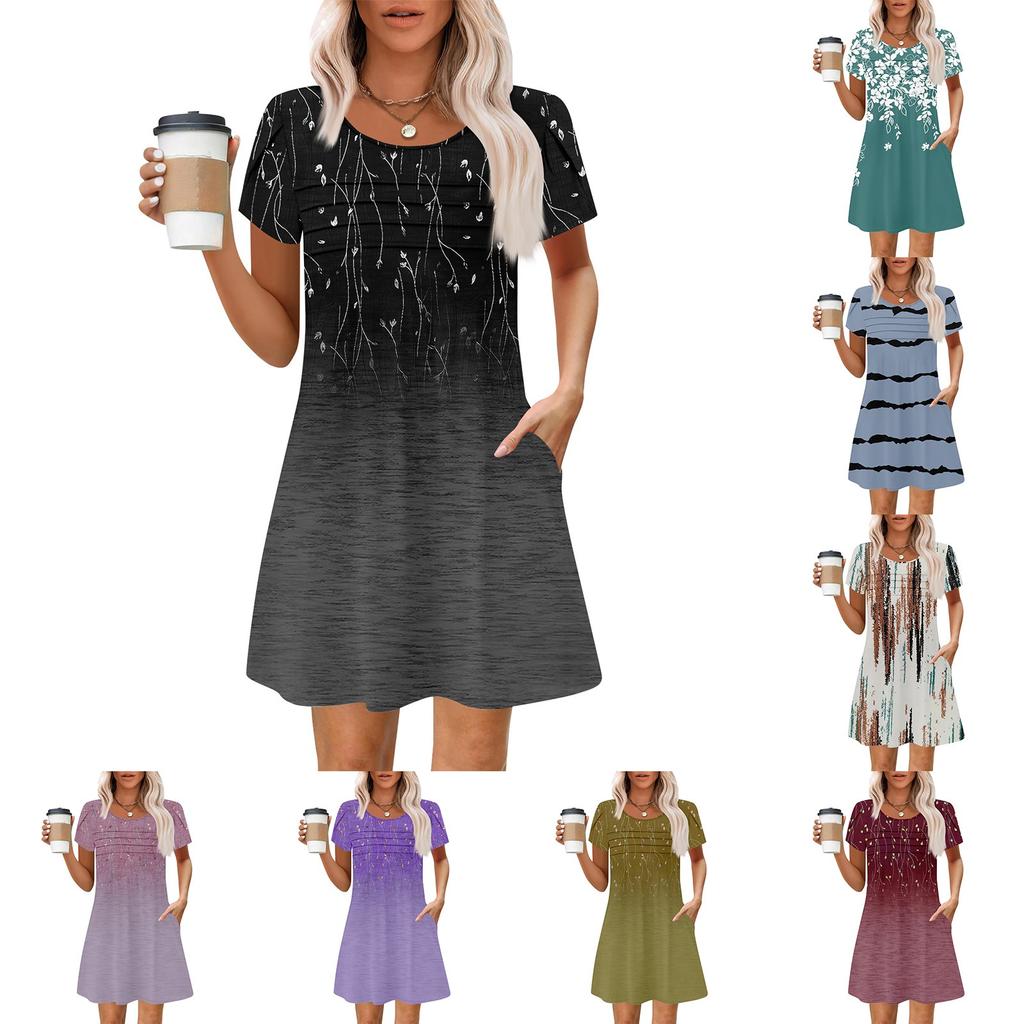 Women's Summer Casual Petal Slim Stripe Pleated Solid Color Dresses