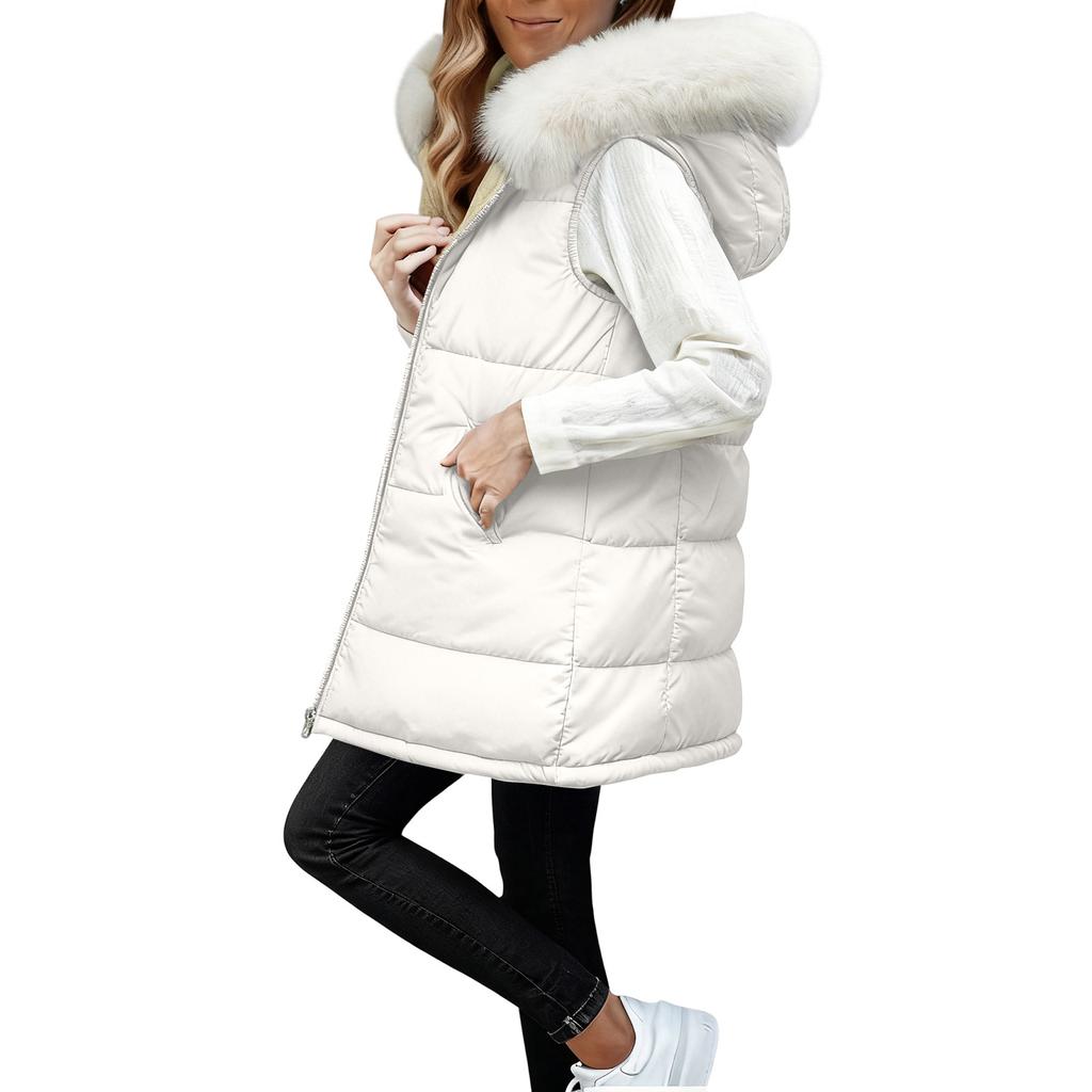 Women's Long Vest Plain Sleeveless Hood Winter Vest Outwear Jacket Lightweight Warm Coat Outerwear