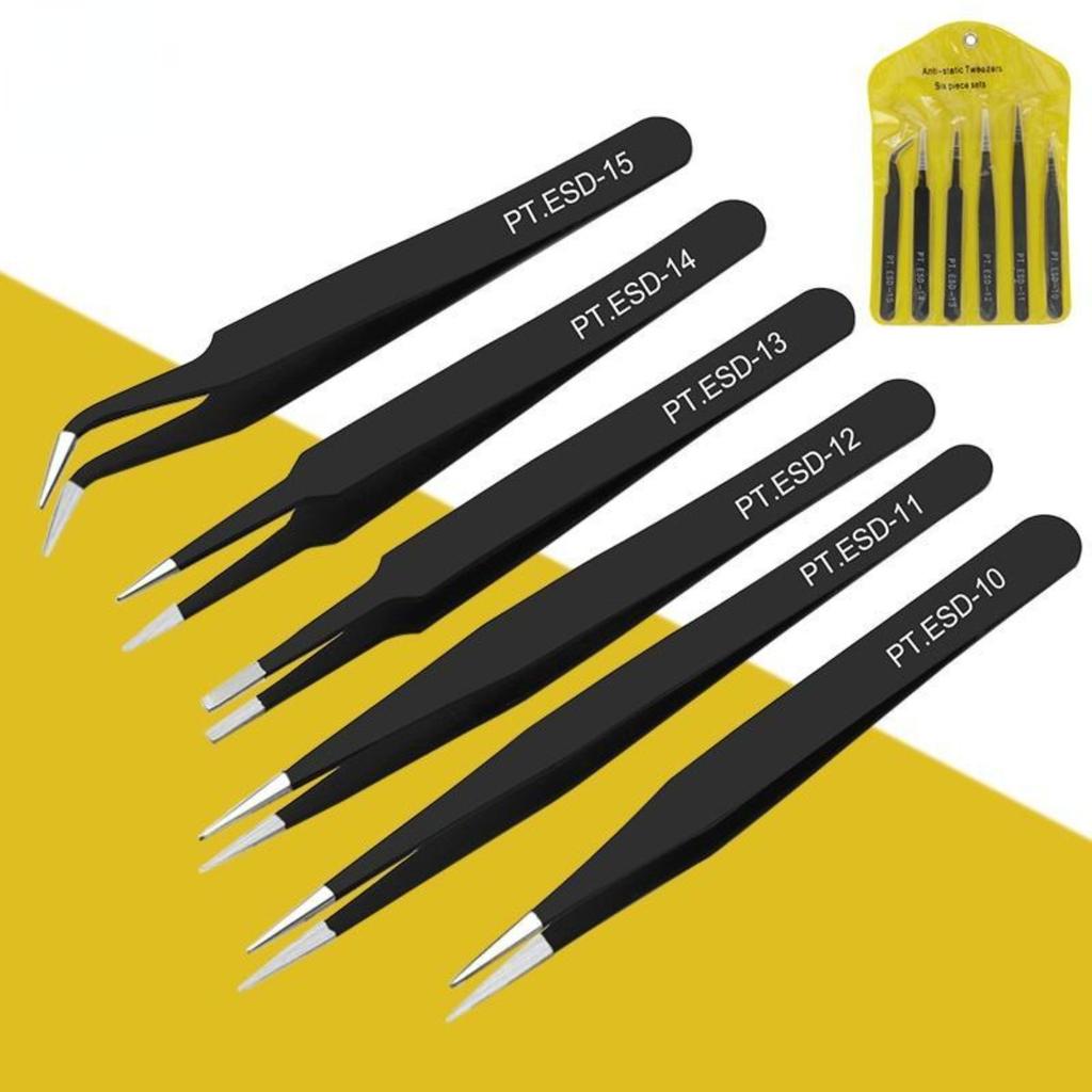 6pcs Anti-static ESD Stainless Steel Tweezers Maintenance Tools Industrial Precision Curved Straight Repair