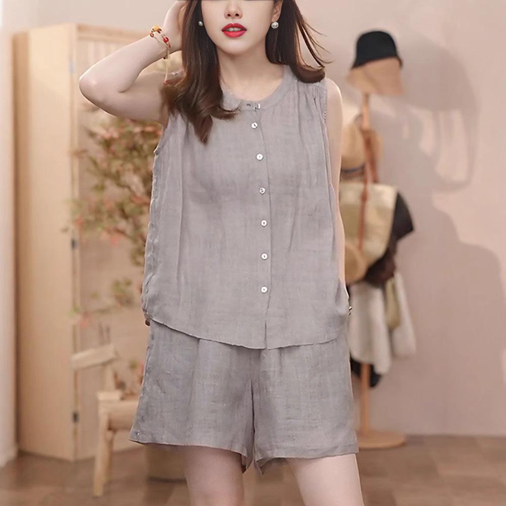Women's Summer Linen Slimming Two-Piece Set: Sleeveless Sport Shirt & Shorts