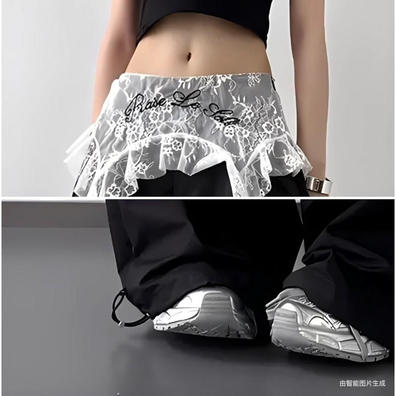 Womens High-Waisted Wide-Leg Pants With Lace Trim Loose Fit Breathable Taffeta Streetwear Jazz Dance Casual Wear