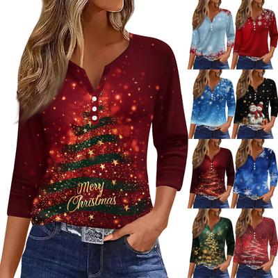 Женская модная повседневная футболка с принтом рождественской елки, V-образным вырезом, декоративными пуговицами и рукавом три четверти