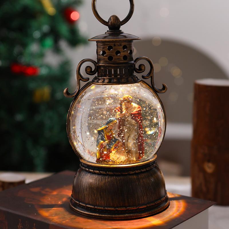 Christmas glowing music box with falling snowflakes, crystal ball, retro scene decoration, portable lantern, Santa Claus ornaments