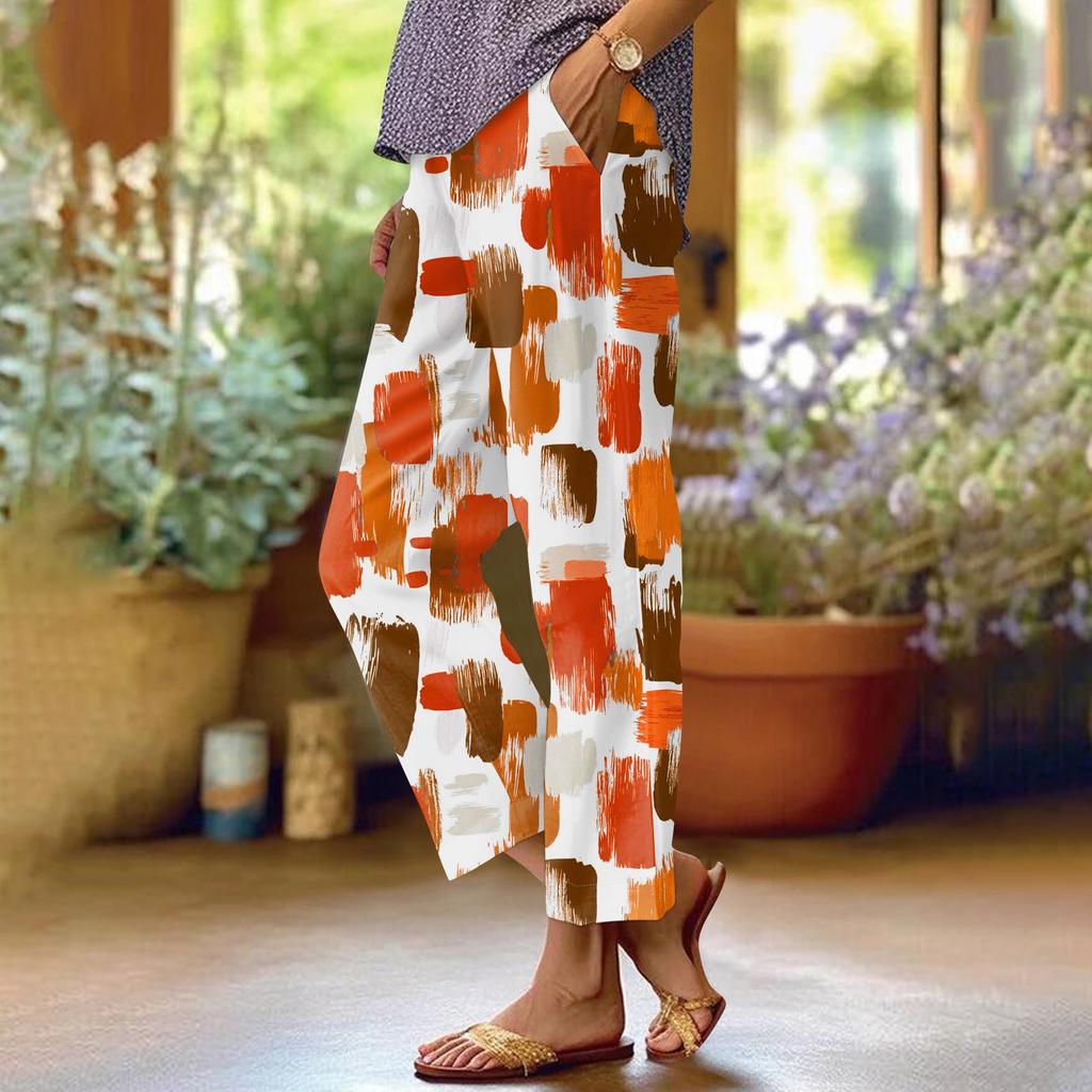 Women's Fashionable Floral Print Straight Leg Pocket Elastic Waist Casual Pants Pants
