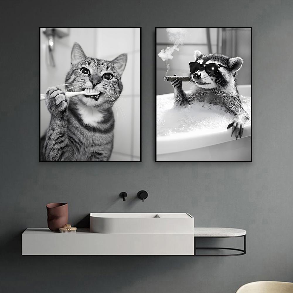 Funny Cat Bathroom Canvas Wall Art Posters Black And White Funny Animal Picture Wall Art Prints Canvas Painting Toilet Decor