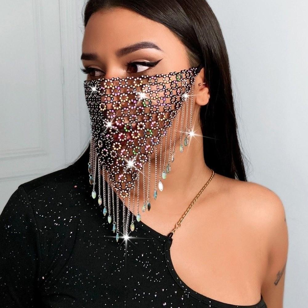 Tassel Rhinestone Mask Bling Masquerade Mask Reusable Face Cover  Women