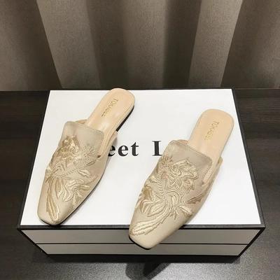 Женские мюли тапочки летняя обувь балетки ретро китайский стиль цветы элегантное платье сандалии на низком каблуке дизайнерские шлепанцы на распродаже