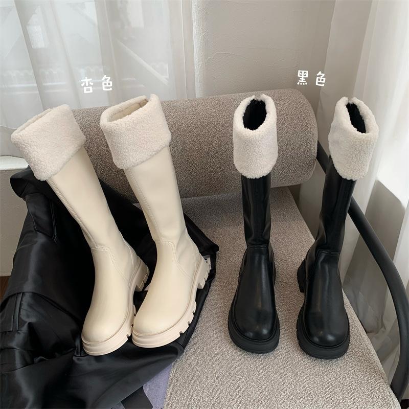 Длинные сапоги-рыцари на толстой подошве, женские высокие сапоги 2024 года, осенне-зимние новые сапоги из плюша и хлопка, зимние сапоги