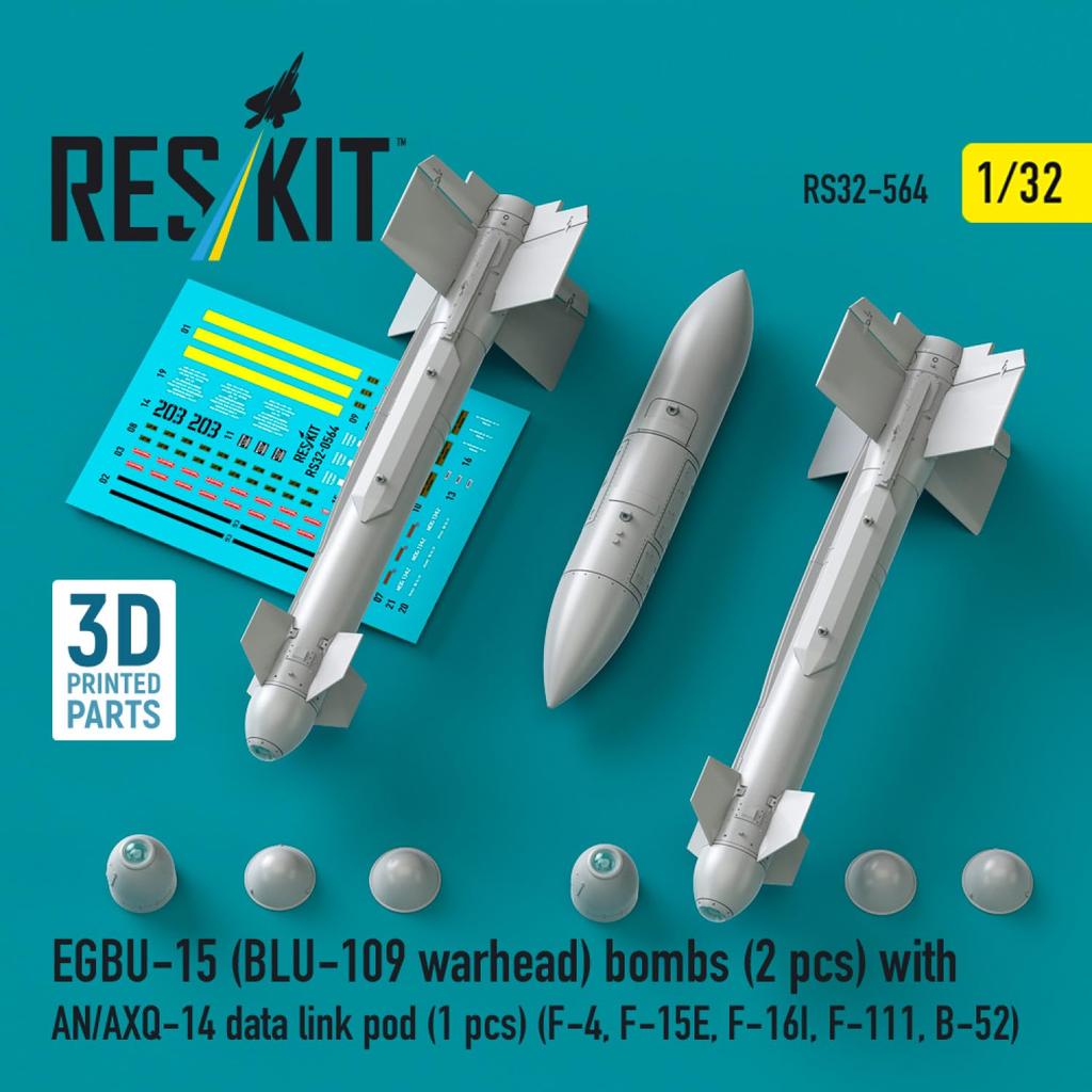 Reskit Guided Bombs with Data Link Pod Plastic Model Kit Parts 1/32 EGBU-15 (2 pieces) AN-AXQ-14 (1 piece) RSK32-0564 (Airplane)