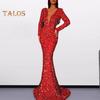 Women Evening Dress Sequin Deep V Neck Long Sleeves Slim Fit Fishtail Hem Sequin Floor Length Sheath Back Zipper Closure Maxi Dress