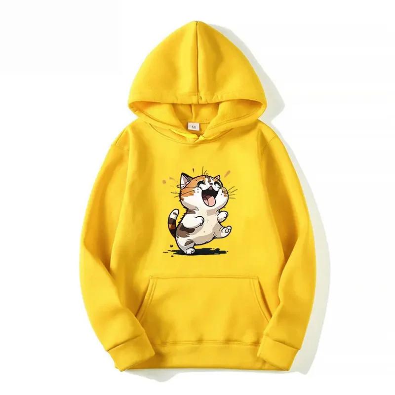 2025 Женская модная толстовка с принтом кошки Осень и Зима Толстовка с принтом счастливого узора Повседневная толстовка
