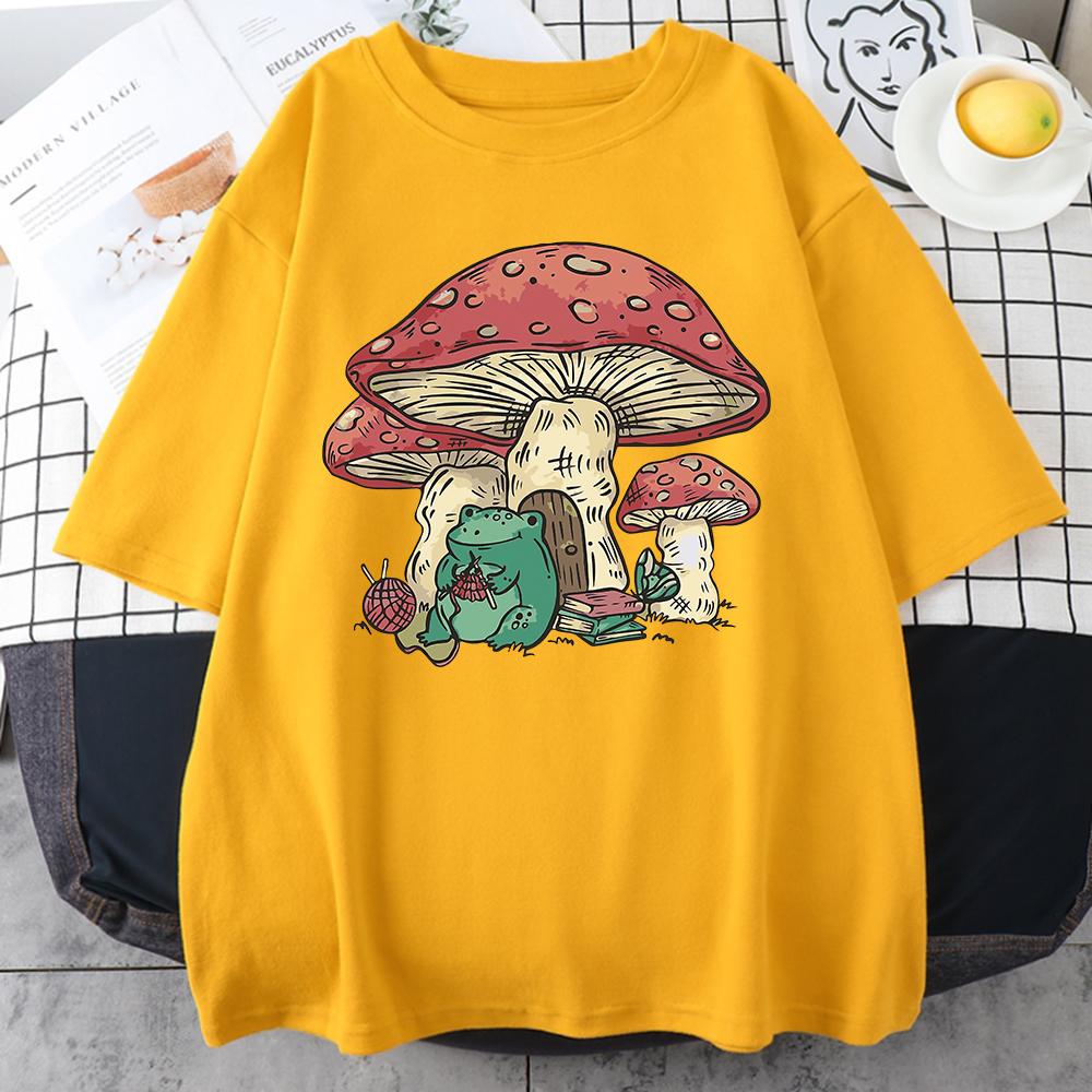 Милые мужские топы с изображением грибного домика и лягушки, винтажная футболка большого размера, одежда, повседневные мужские хлопковые футболки с круглым вырезом