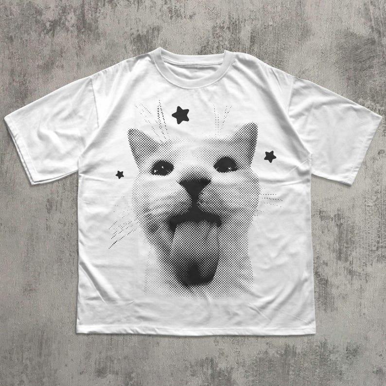 Funny Y2K Cat Meme T Shirt Silly Kitten Vintage Graphic Tee Retro Gag Gift