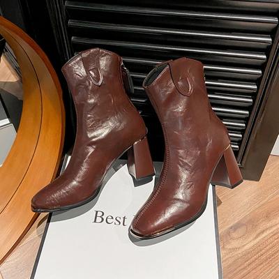 Женские ботинки с острым носком, туфли на высоком каблуке для женщин, на молнии, на платформе, современные, повседневные, короткие, однотонные, на квадратном каблуке