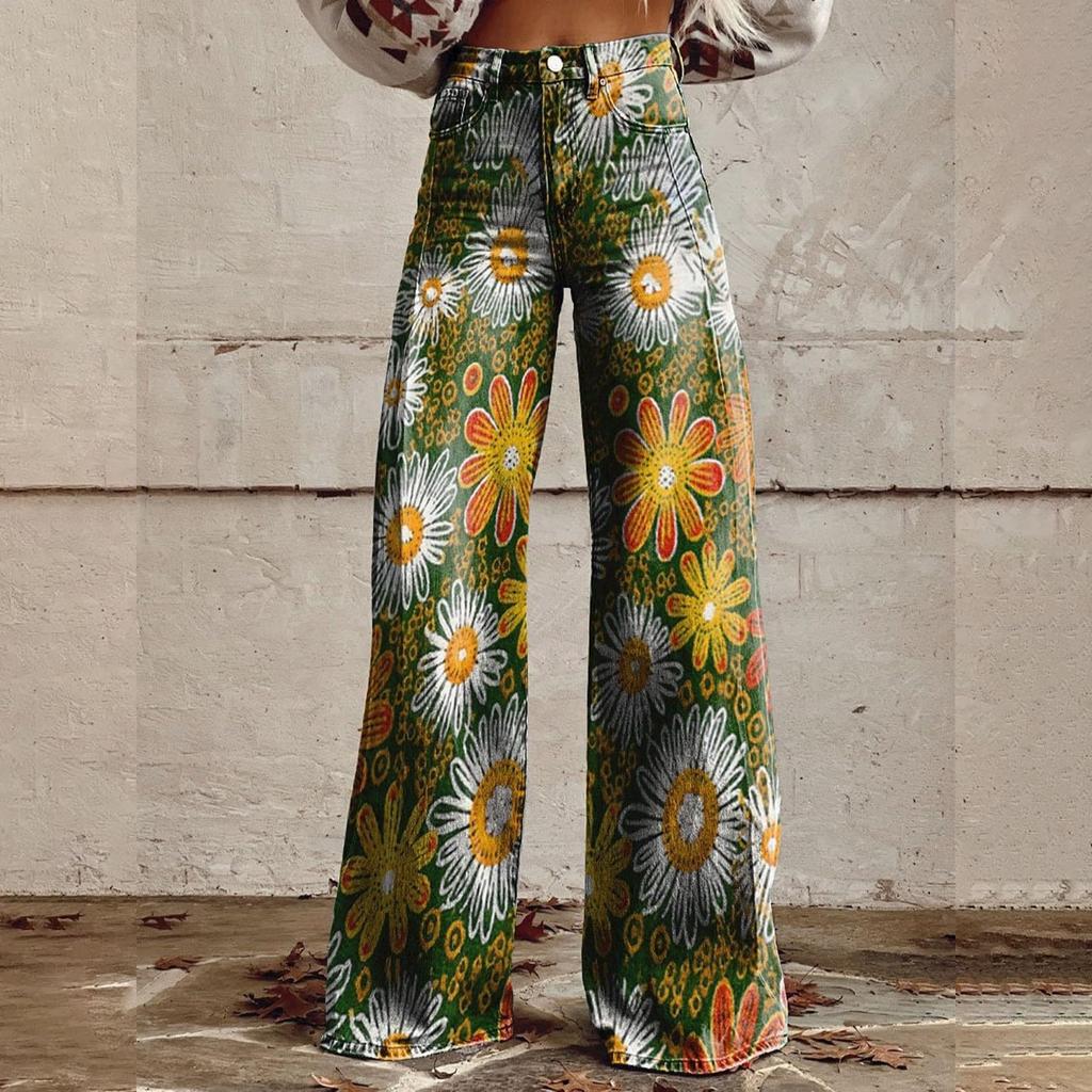 Wide Leg Flare Jeans For Women With Pockets Baggy Pants Vintage Floral Print High Waisted Loose Pant