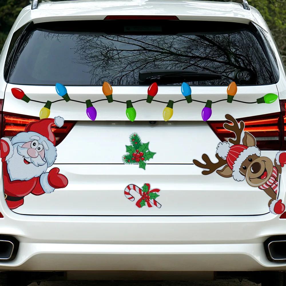 1Set Magnetic Car Reflective Christmas Stickers Cute Reindeer Santa Pattern Decor Decal Reusable Christmas Festive Car Ornament